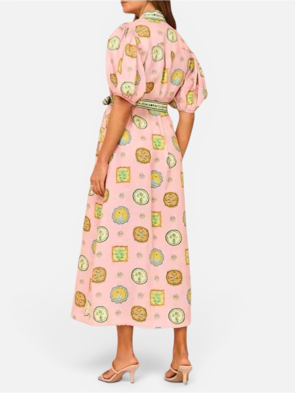Pink Mediterranean Print Midi Dress NWT Size Small Short Sleeve Belted Resort - Picture 3 of 4